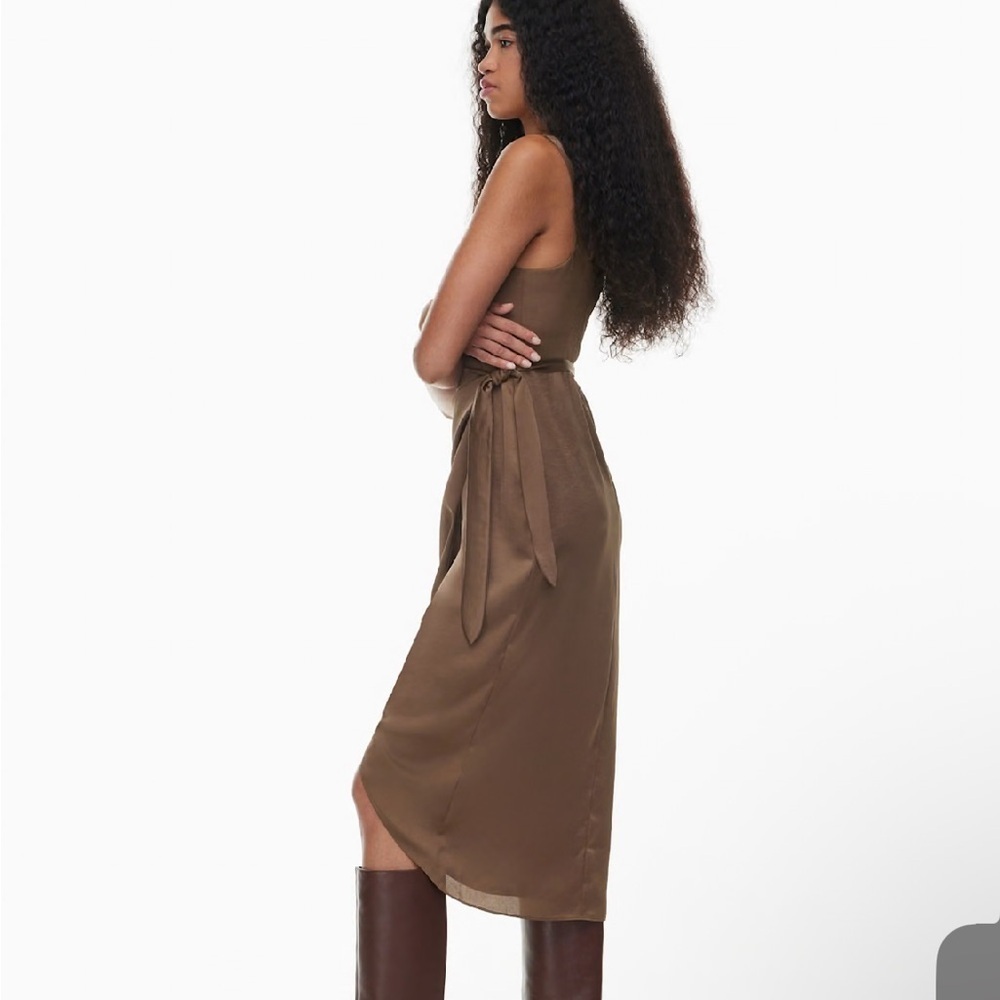 Wilfred Aritzia Size 2 Saturn Satin Midi Dress Cocoa Brown $128 Sleeveless Tie - Picture 8 of 14